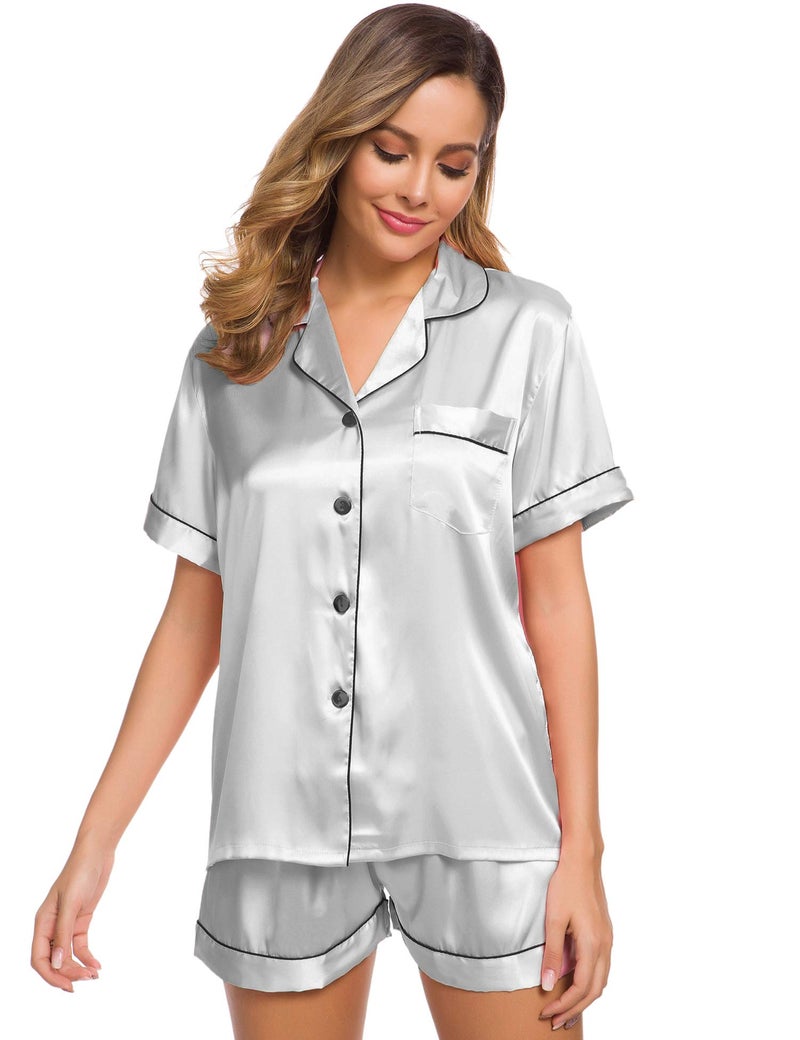 SWOMOG Womens Silk Satin Pajamas Set Two-piece Pj Sets Sleepwear Loungewear Button-Down Pj Sets Grey - Image 2